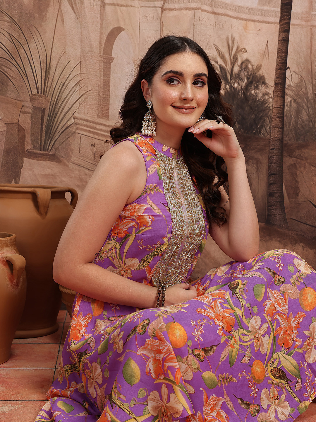 Sangria Floral Print Sequinned Kurta with Palazzos