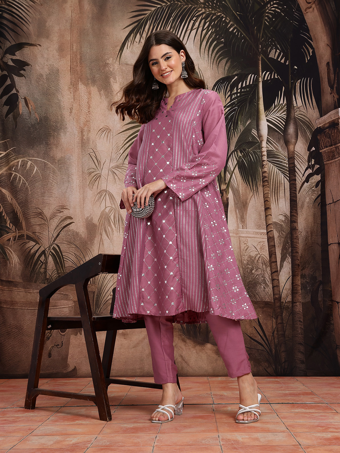 Sangria Foil Printing Panelled Kurta with Trousers