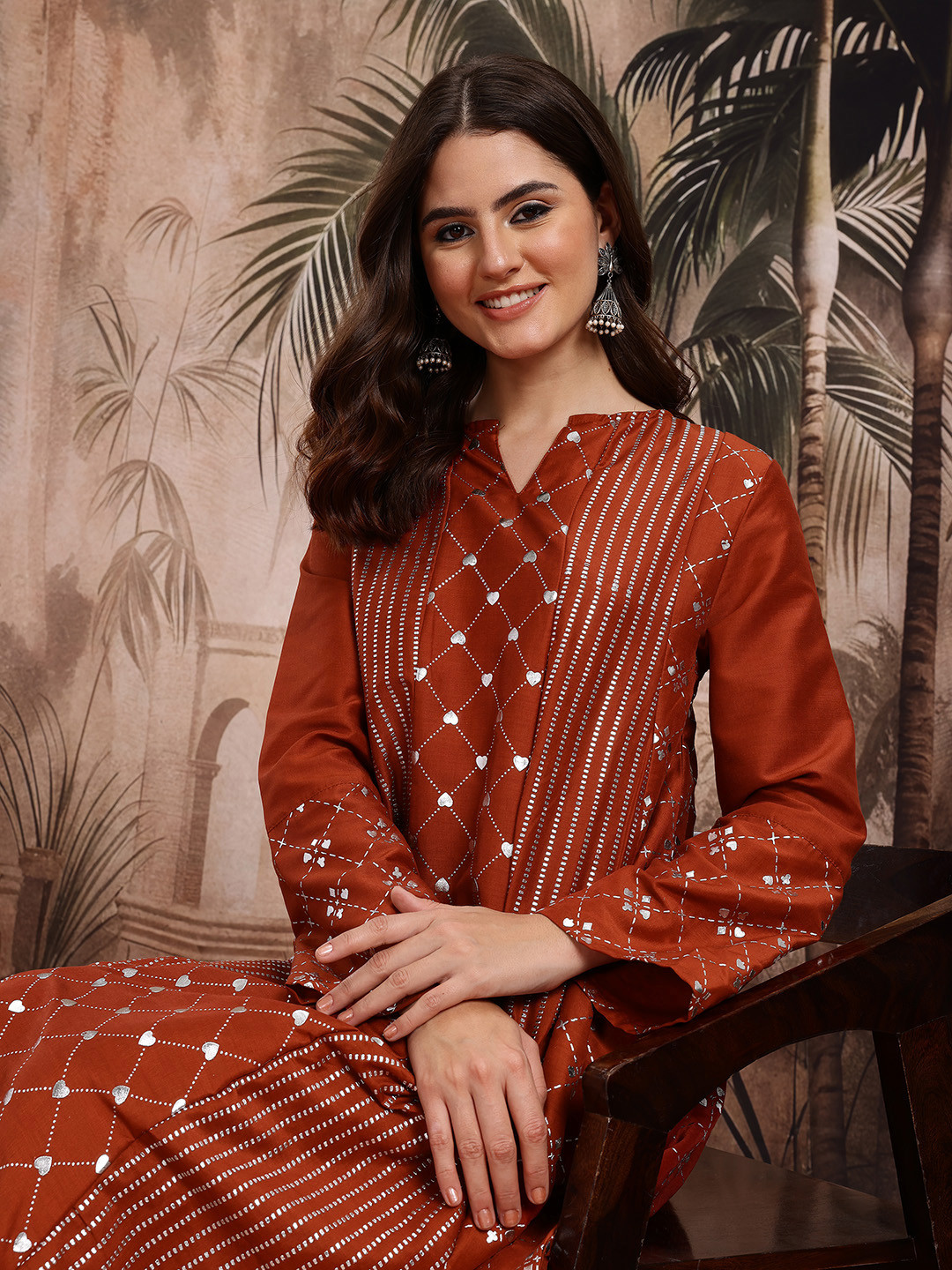 Sangria Geometric Foil Print Festive A-Line Kurta with Trousers
