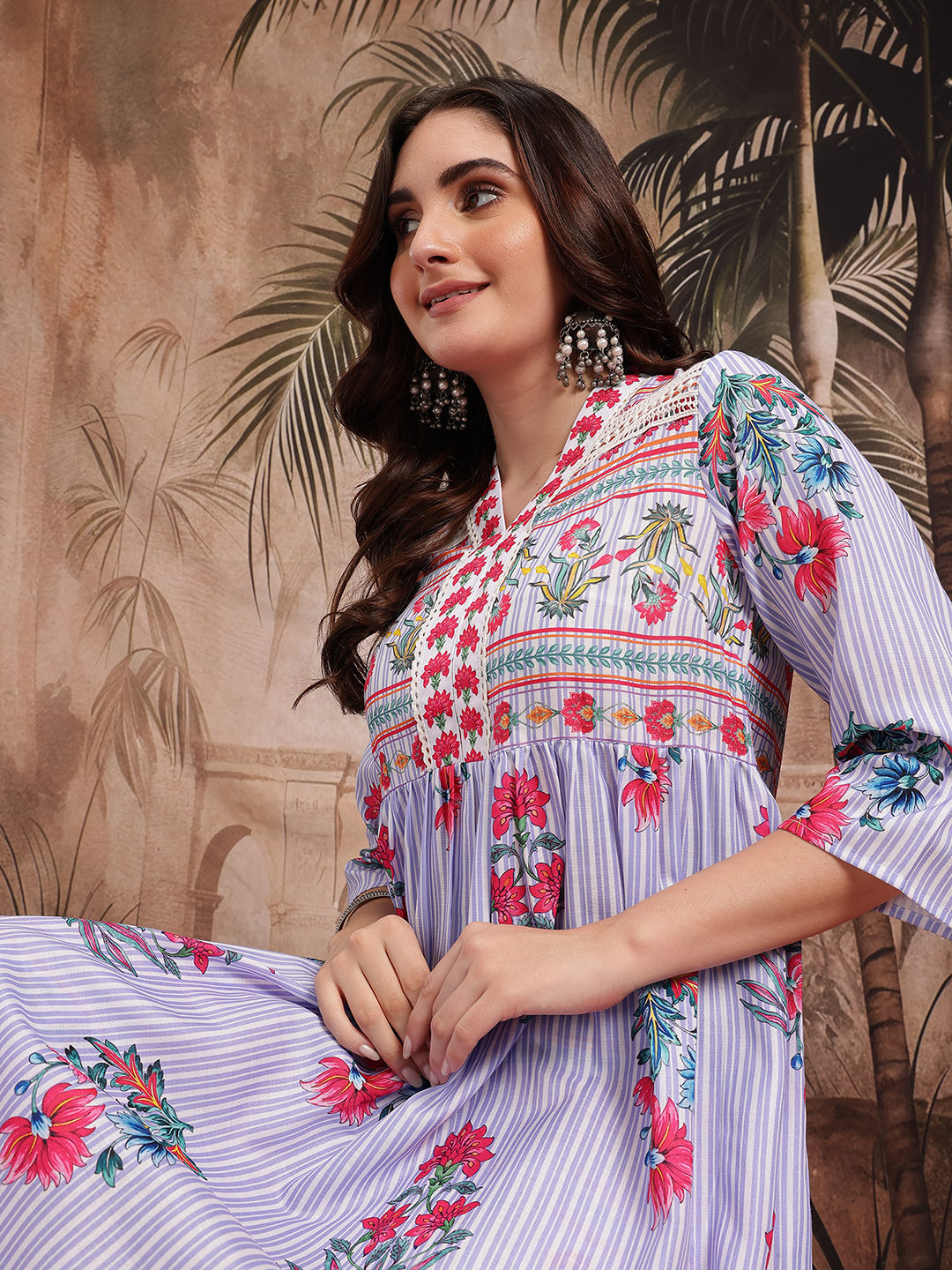 Sangria Floral Printed Lace Insert Detail Empire-Style A-Line Kurta with Trousers