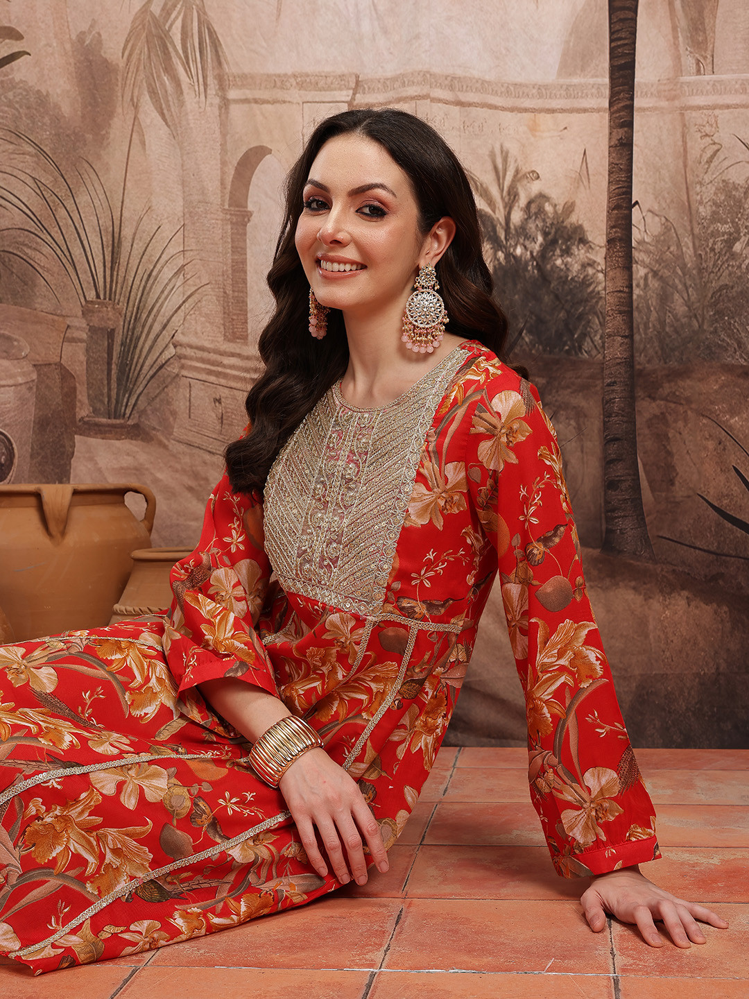 Sangria Women Floral Printed Sequined Zari Work Empire Style A-Line Kurta