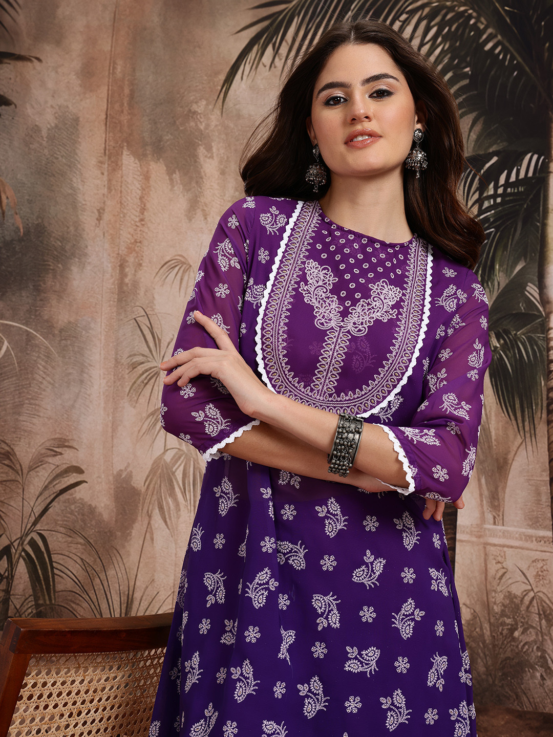 Sangria Floral Printed Lace-Insert Detail High-Low Semi-Sheer A-Line Kurta with Palazzos