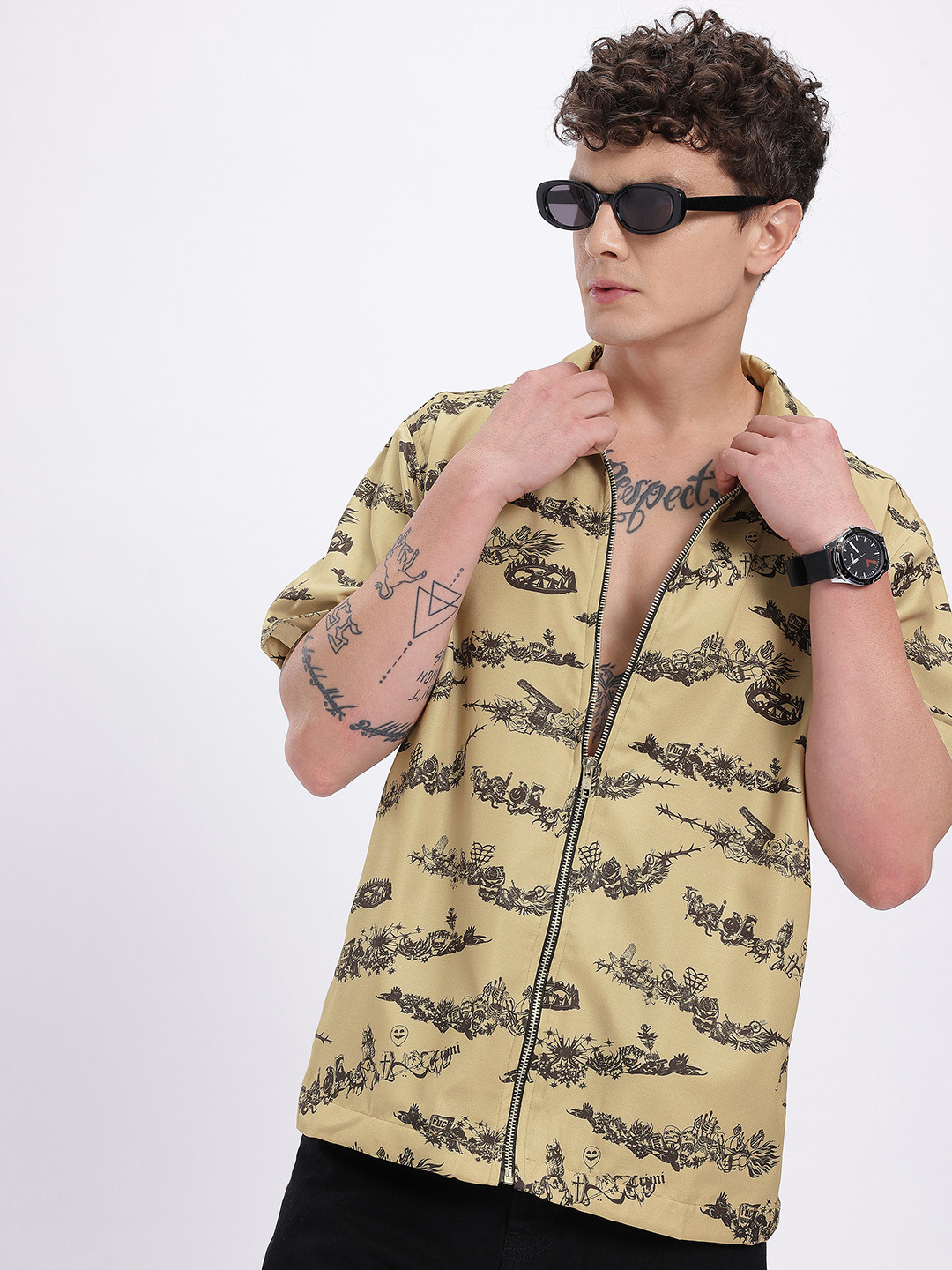 glitchez Grunge Zippered Relaxed Fit Shirt