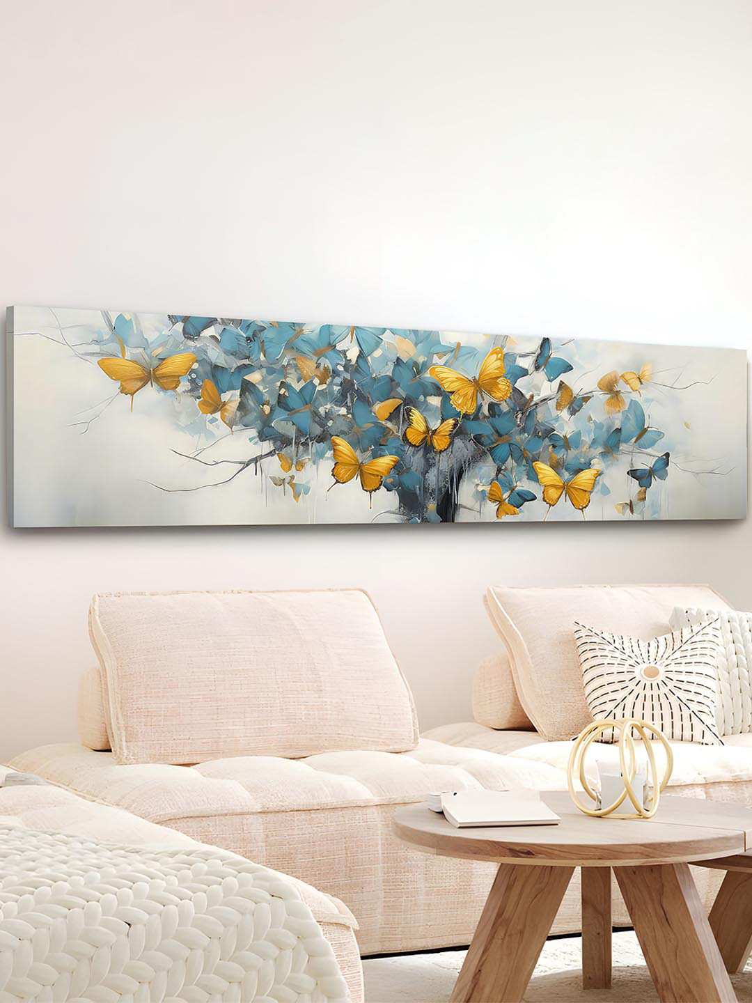 Art Street Turquoise Blue & Mustard 1 Piece Canvas Birds and Animals Wall Paintings