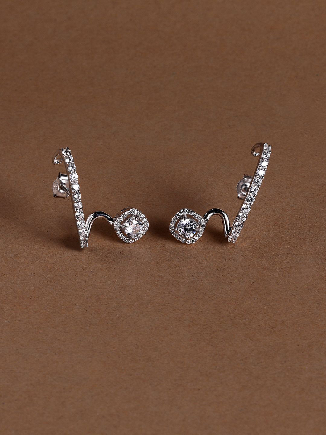 Luxevogue 925 Silver Solitaire Rhodium Gold Plated Silver Gold Cuff Earrings