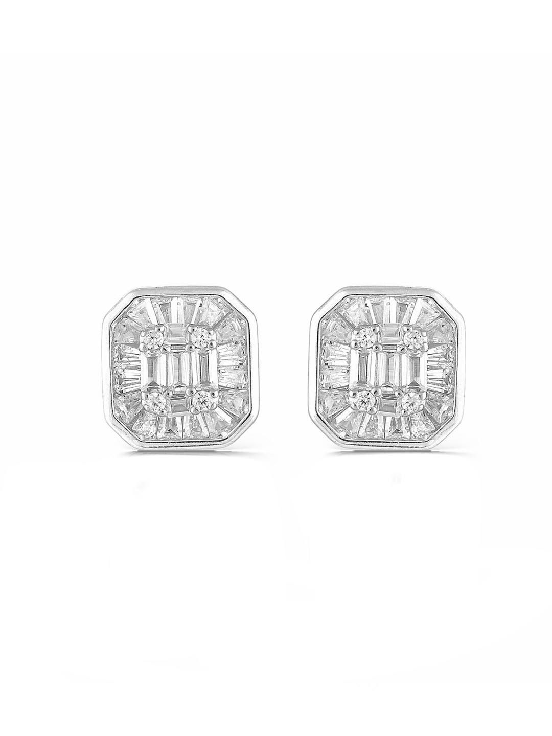Luxevogue Rhodium Plated 925 Sterling Silver Octa Studs Solitaire Earrings