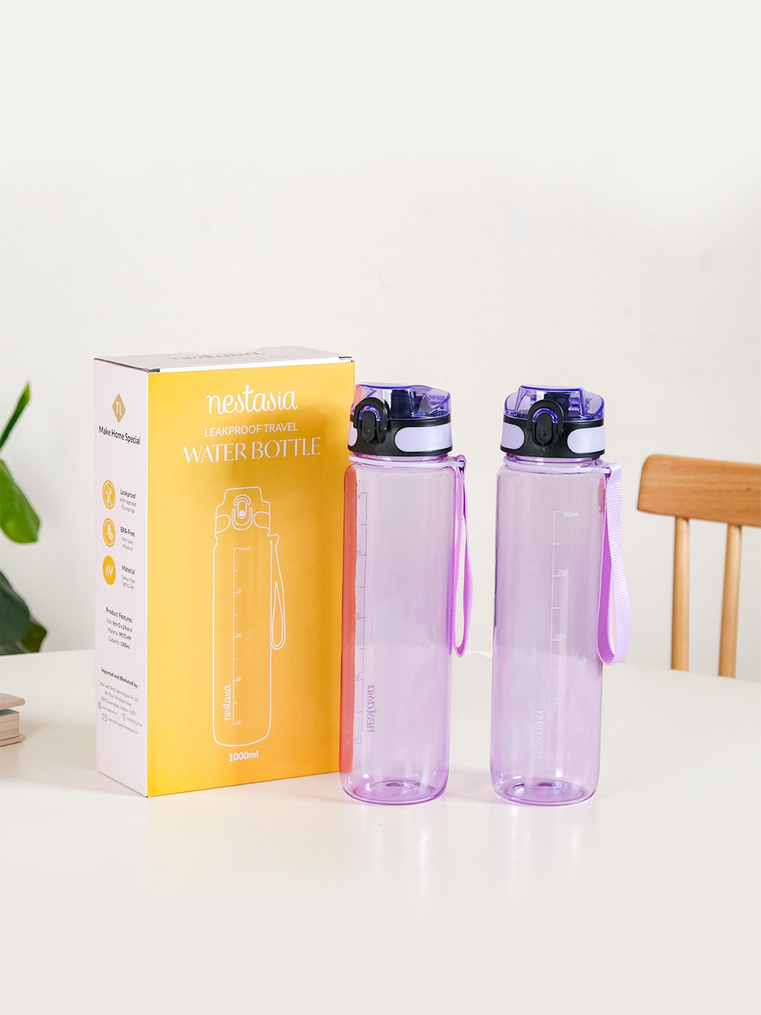 Nestasia Set of 2 Plastic Water Bottle 1000ml Leakproof with Strap (Lavender Blush)