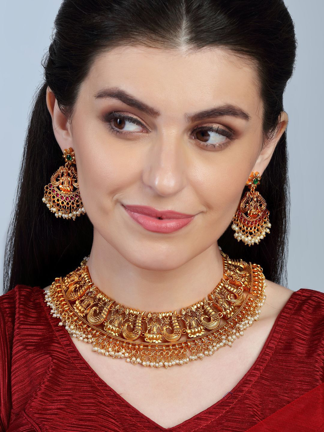 Anouk Matte Gold Plated Ruby Emerald Studded Temple Inspired Ethnic Statement Necklace Set