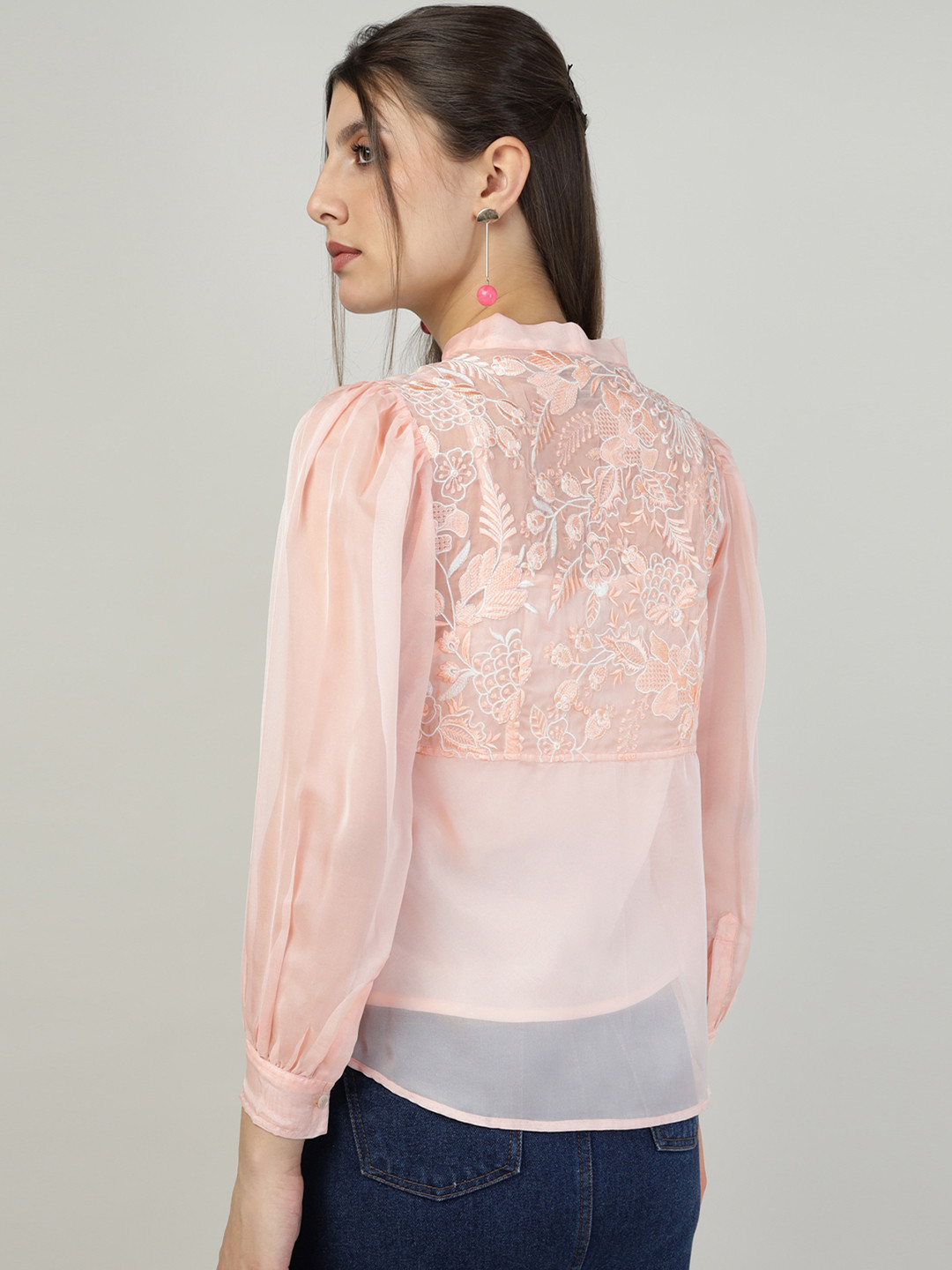 Sands of India Set of 2 Pink Organza Tied Embroidered Shirt with Camisole