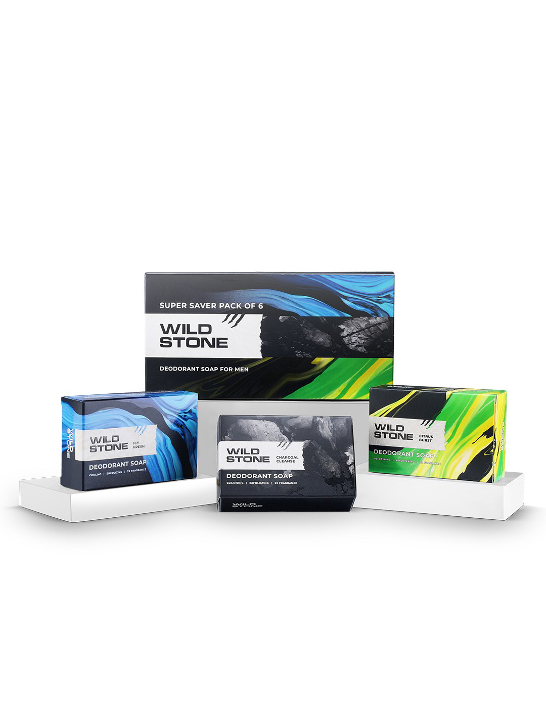 Wild stone 6-Pc Soap Combo for Men 100g each - Icy Fresh + Charcoal Cleanse + Citrus Burst