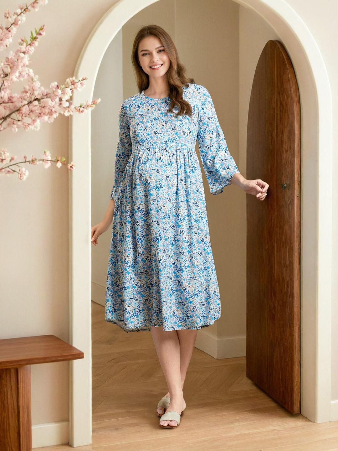 MomToBe Rayon Maternity Floral Viscose Midi Fit & Flare Dress