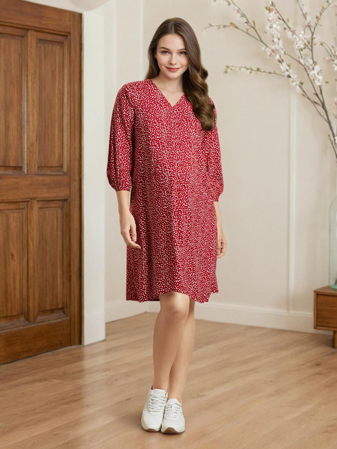 MomToBe Rayon Maternity Floral Viscose Knee Length Fit & Flare Dress