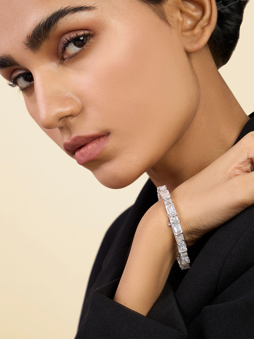 Isharya Rhodium-Plated Cubic Zirconia Stone Studded Bangle-Style Bracelet