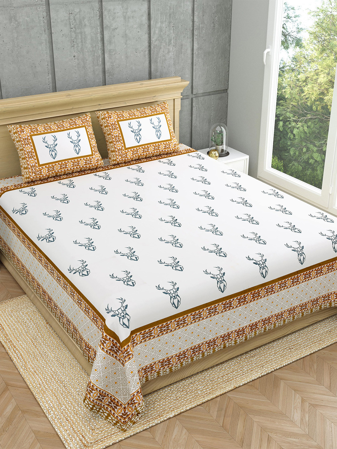 Feels Like Home Sarang Collection Green Graphic Cotton 240 TC King Superfine Bedsheet with 2 Pillow Covers-274 x 274 cm