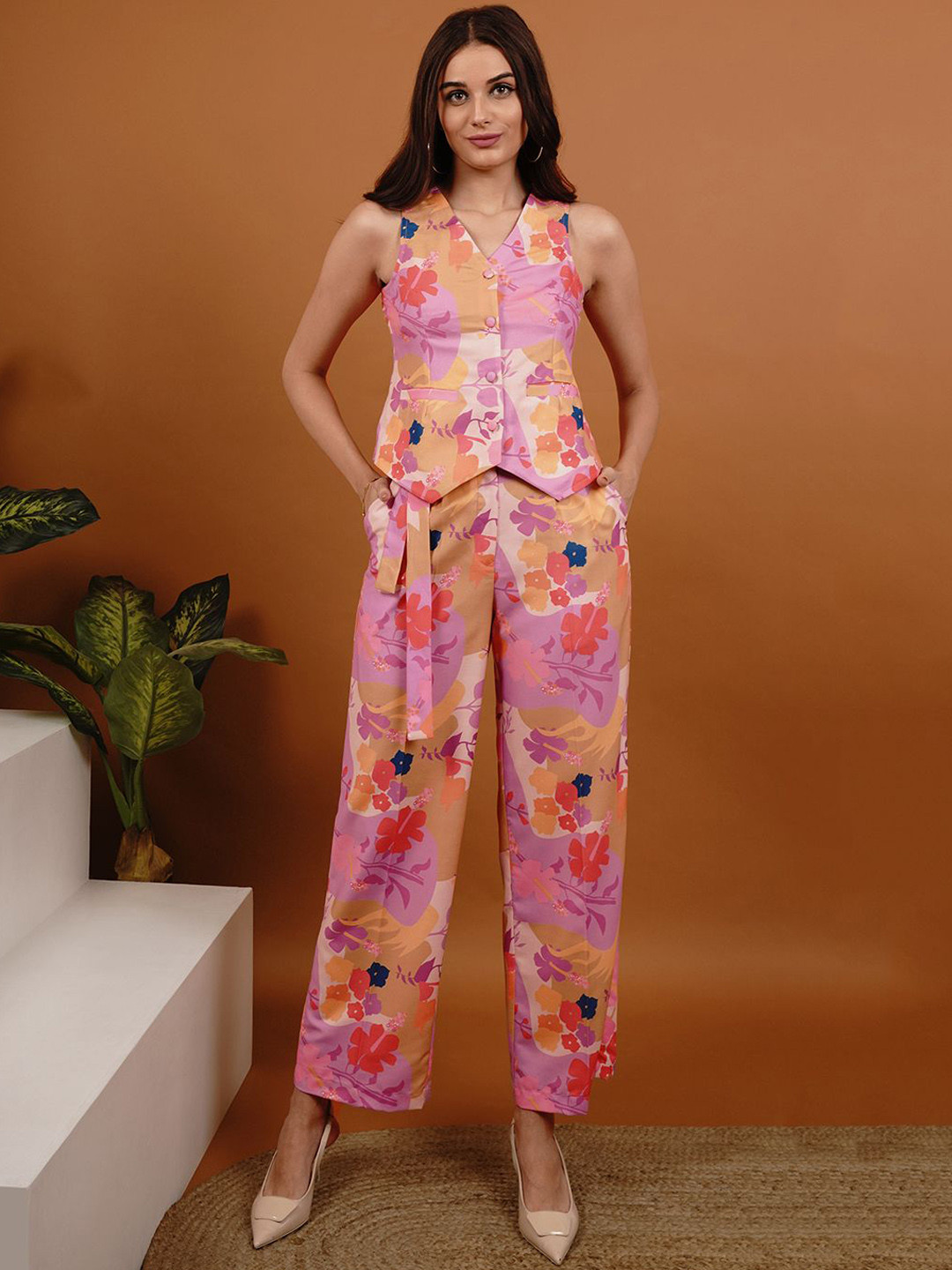 Slumber Jill Floral Printed V Neck Vest Coat With Trousers Co-Ords