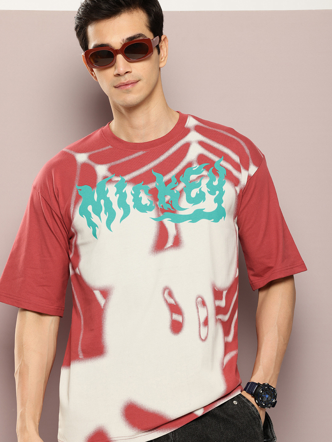 Kook N Keech Disney Pure Cotton Mickey Mouse Typography Drop-Shoulder Oversized T-shirt