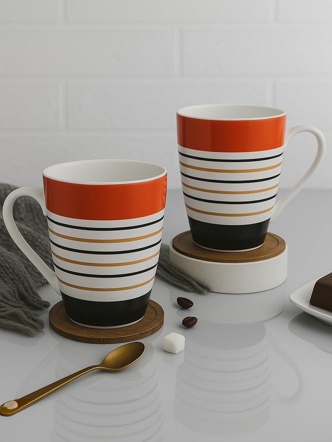 UPC White Striped Ceramic Microwave Safe 2 Piece Mugs-280ml
