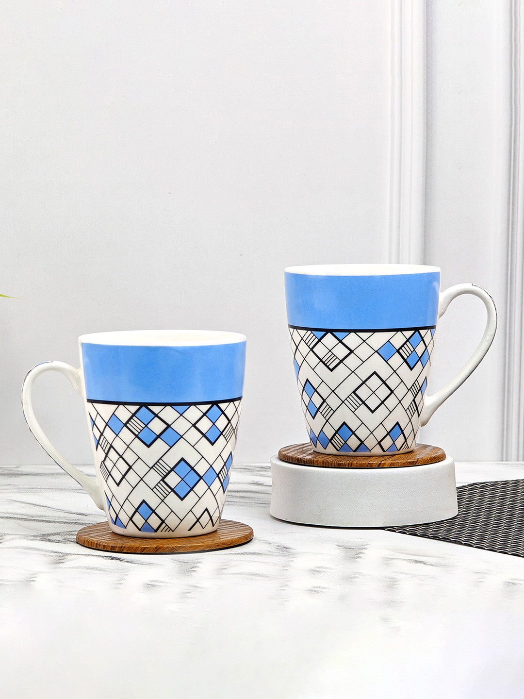 UPC Cork White Geometric Ceramic Microwave Safe 2 Piece Mugs-300ml