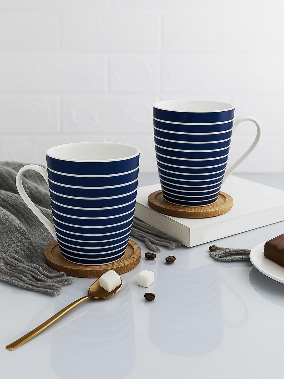 UPC Vogue Moss Stroke & Artistic Detailing Blue Striped Ceramic Microwave Safe 2 Piece Mugs-280ml
