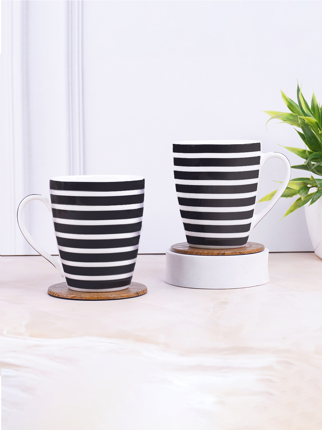 UPC Vogue Moss Diamond Black Striped Ceramic Microwave Safe 2 Piece Mugs-280ml