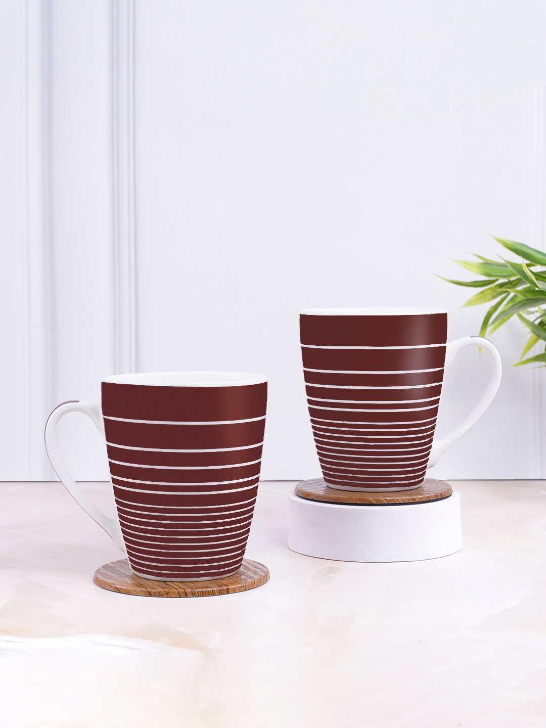 UPC Reindeer Design Brown Striped Ceramic Microwave Safe 2 Piece Mugs-280ml
