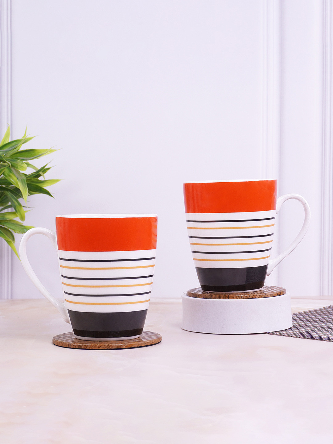 UPC Yolo Orange Striped Ceramic Handmade 2 Piece Mugs-280ml