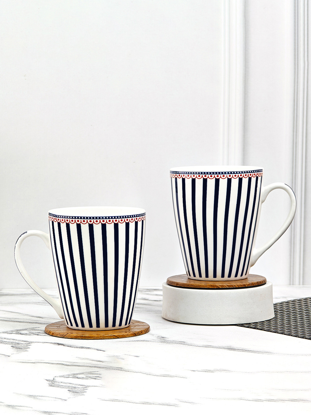 UPC Forever Love White Striped Ceramic Microwave Safe 2 Piece Mugs-280ml