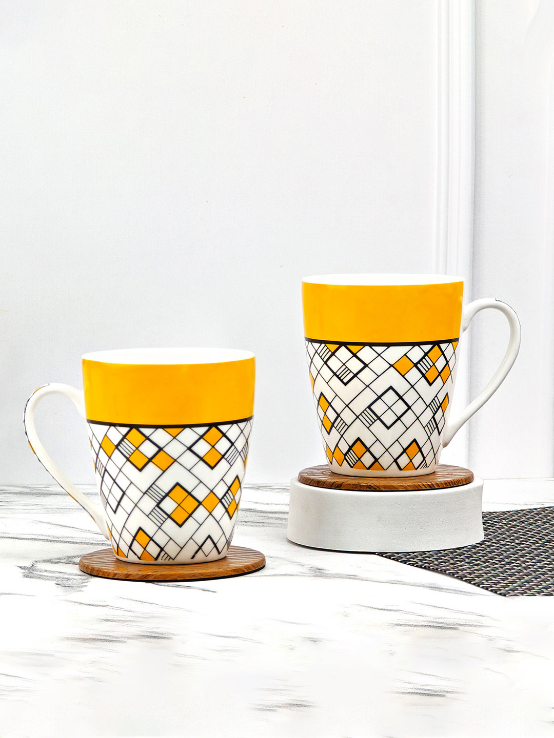 UPC Marble White Checkered Ceramic Microwave Safe 2 Piece Mugs-280ml