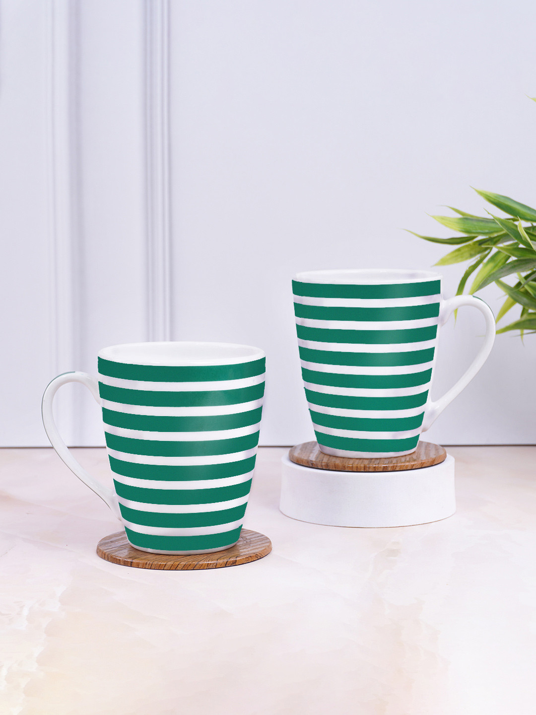 UPC Green Striped Ceramic Handmade 2 Piece Mug-280ml