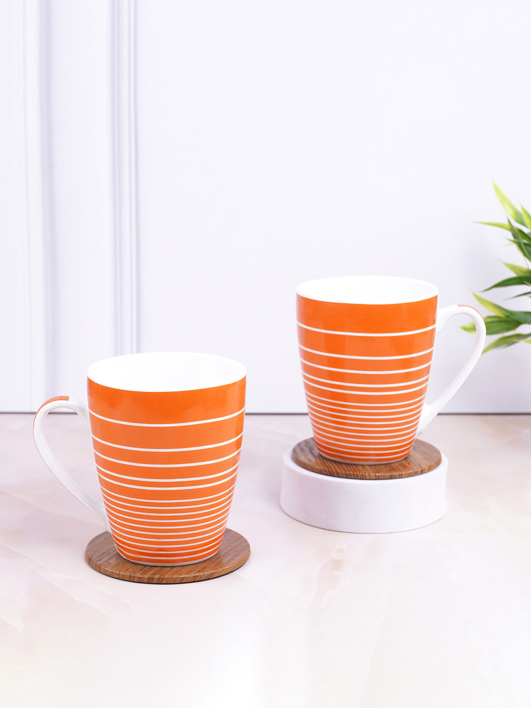 UPC Orange Striped Ceramic Microwave Safe 2 Piece Mugs-280ml