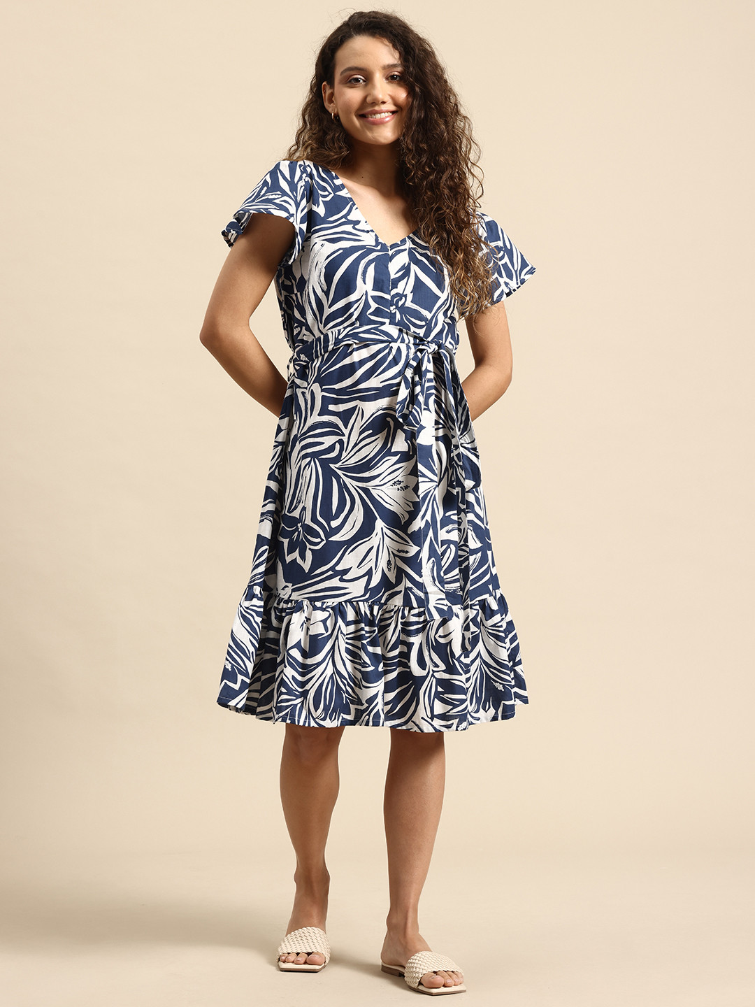 Blush 9 Floral Printed Flutter Sleeve Maternity And Feeding  Fit & Flare Midi Dress