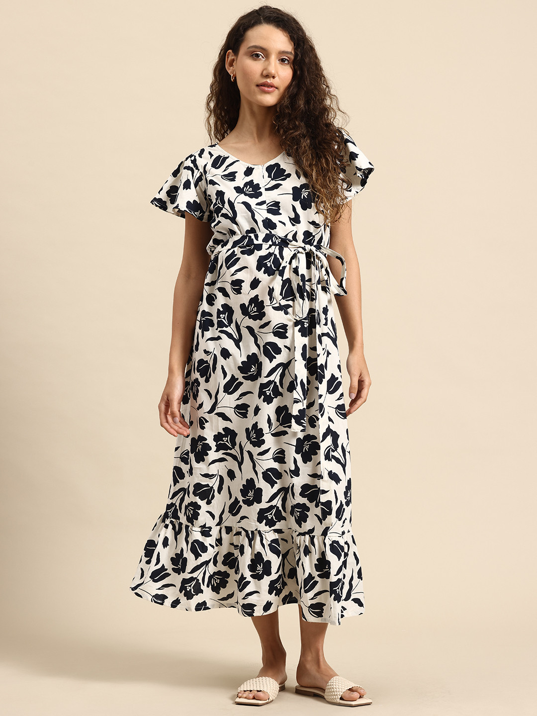 Blush 9 Floral Printed Flutter Sleeve Maternity  And Feeding A-Line Maxi Dress