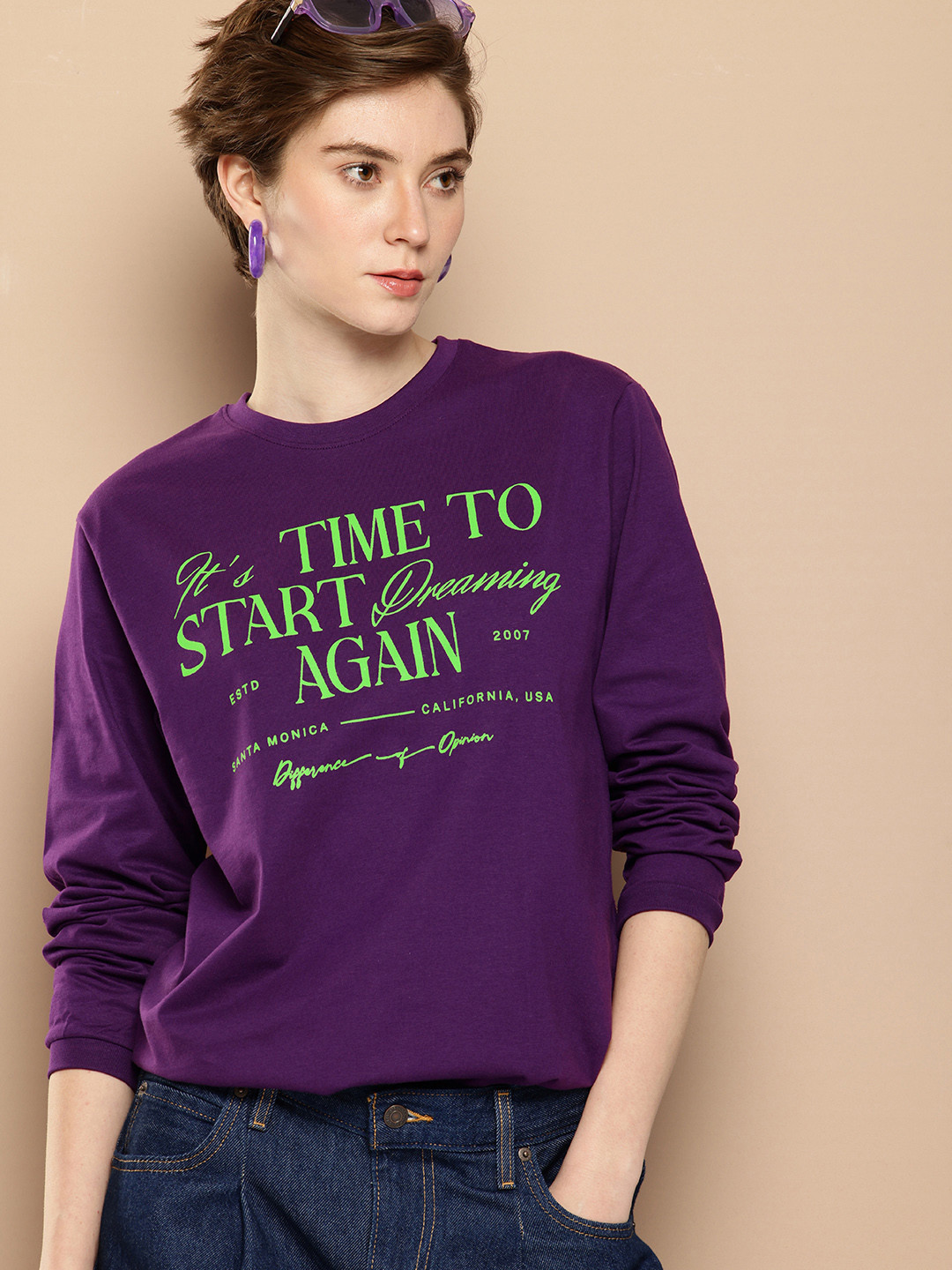 Difference of Opinion Oversized Fit Long Sleeve Typography Printed Pure Cotton T-shirt