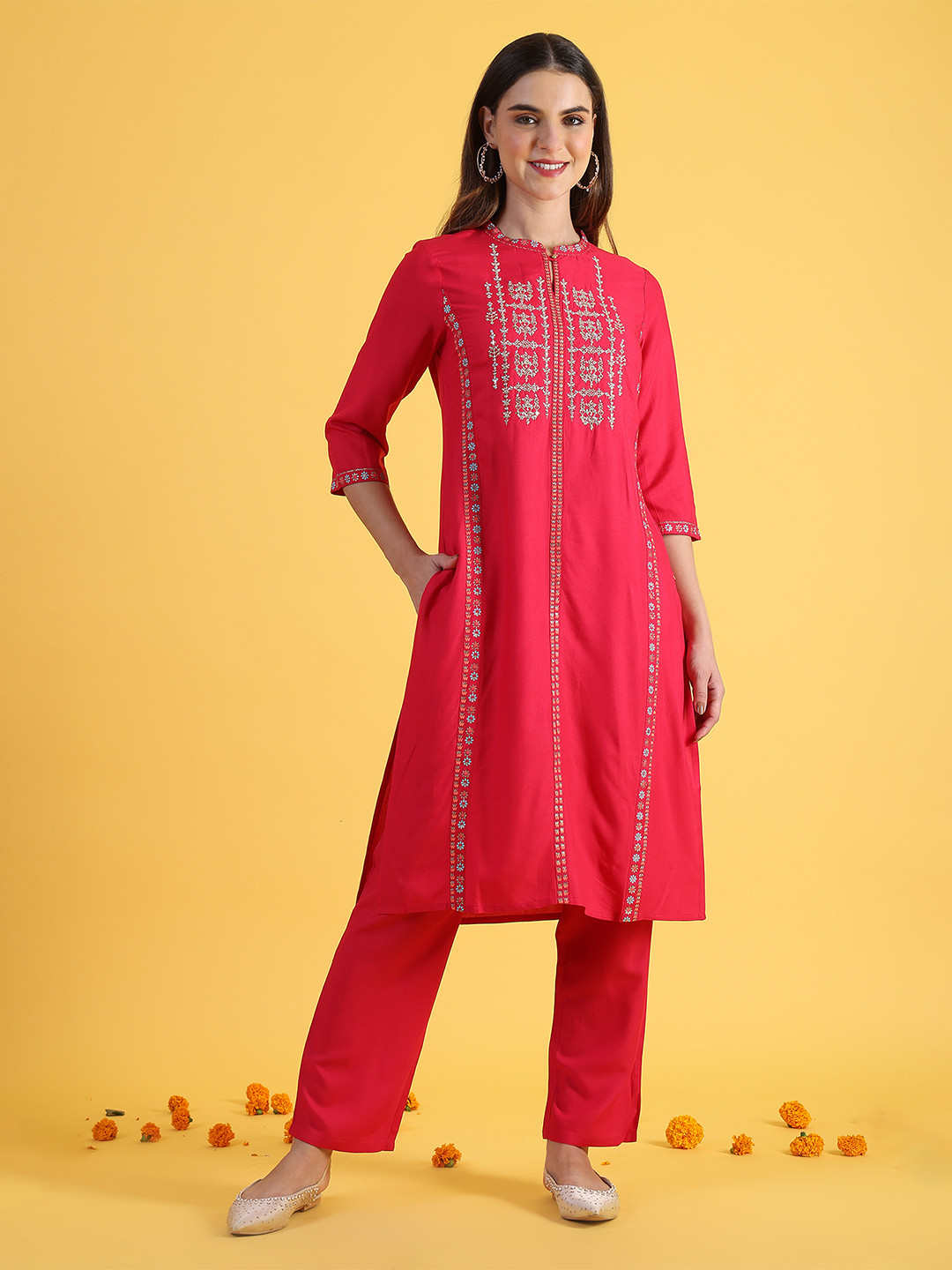 W Women Glitter Printed Embroidered Straight Kurta and Pant Set