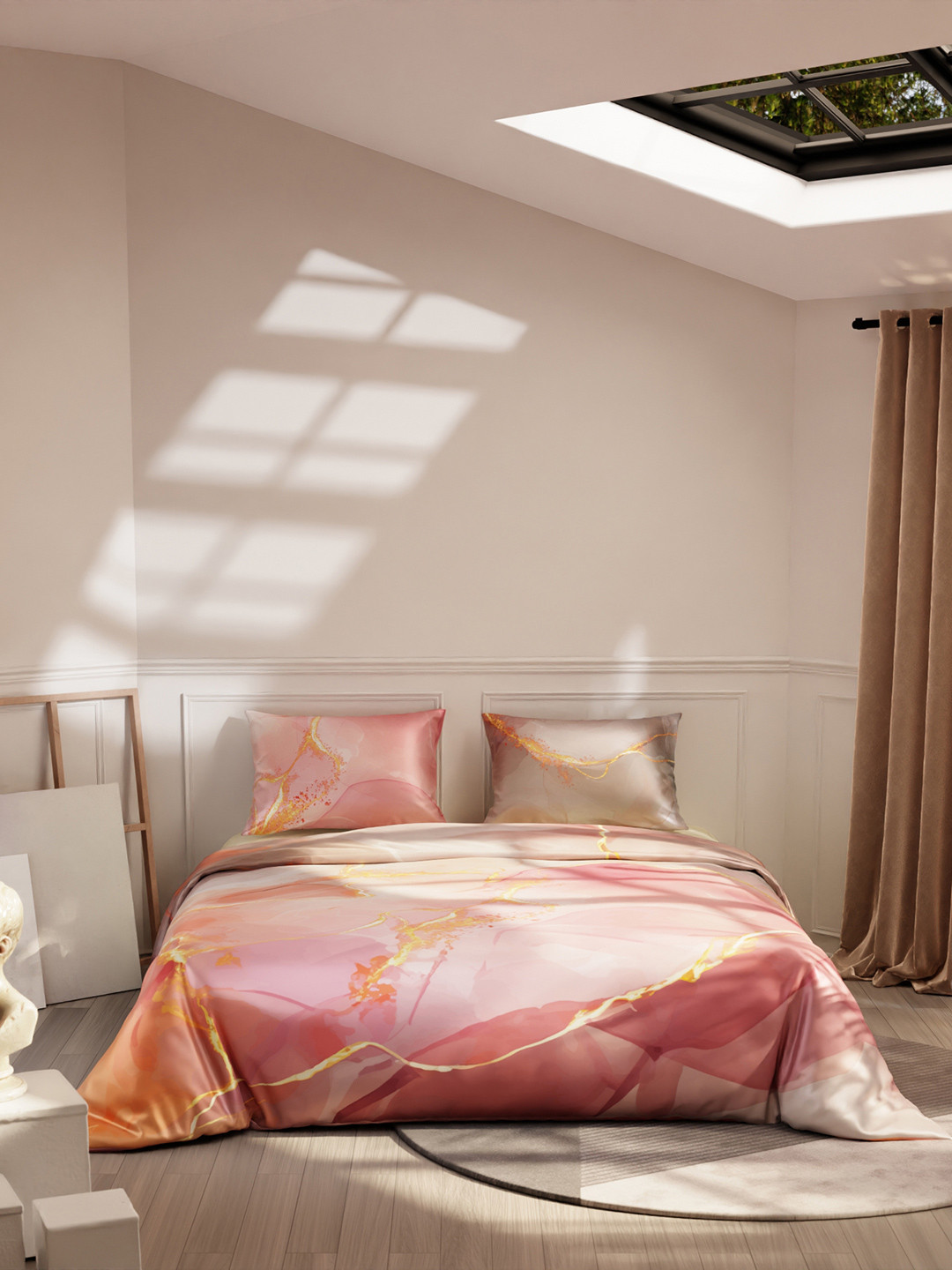 Stoa Paris Louvre Peach-Coloured & Gold-Toned Satin King Regular Bedding Set