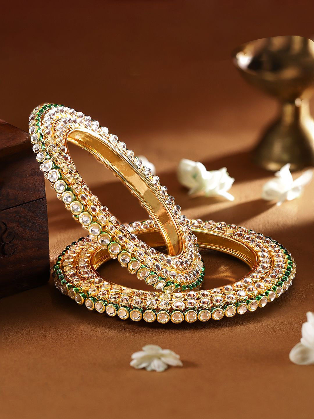 Rubans Set of 2 22K Gold-Plated Kundan Studed Handcrafted Bangles with Green Enamel Border