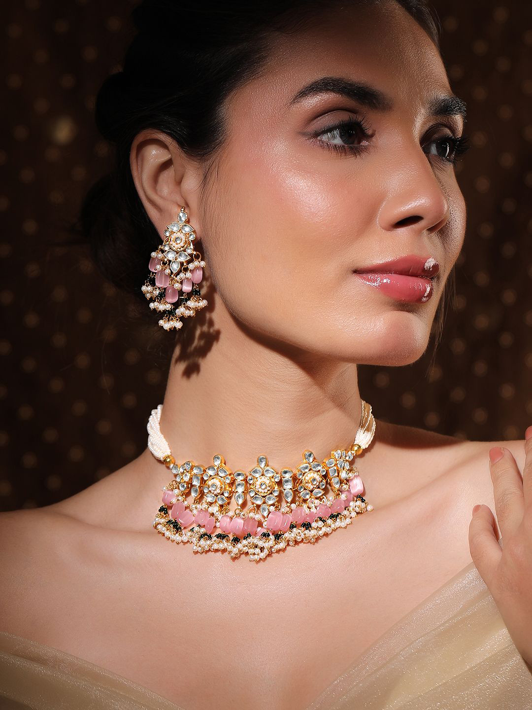 Rubans 24K Gold-Plated Pachi Kundan Studded Choker Set with Pink Beads & Pearl Accents