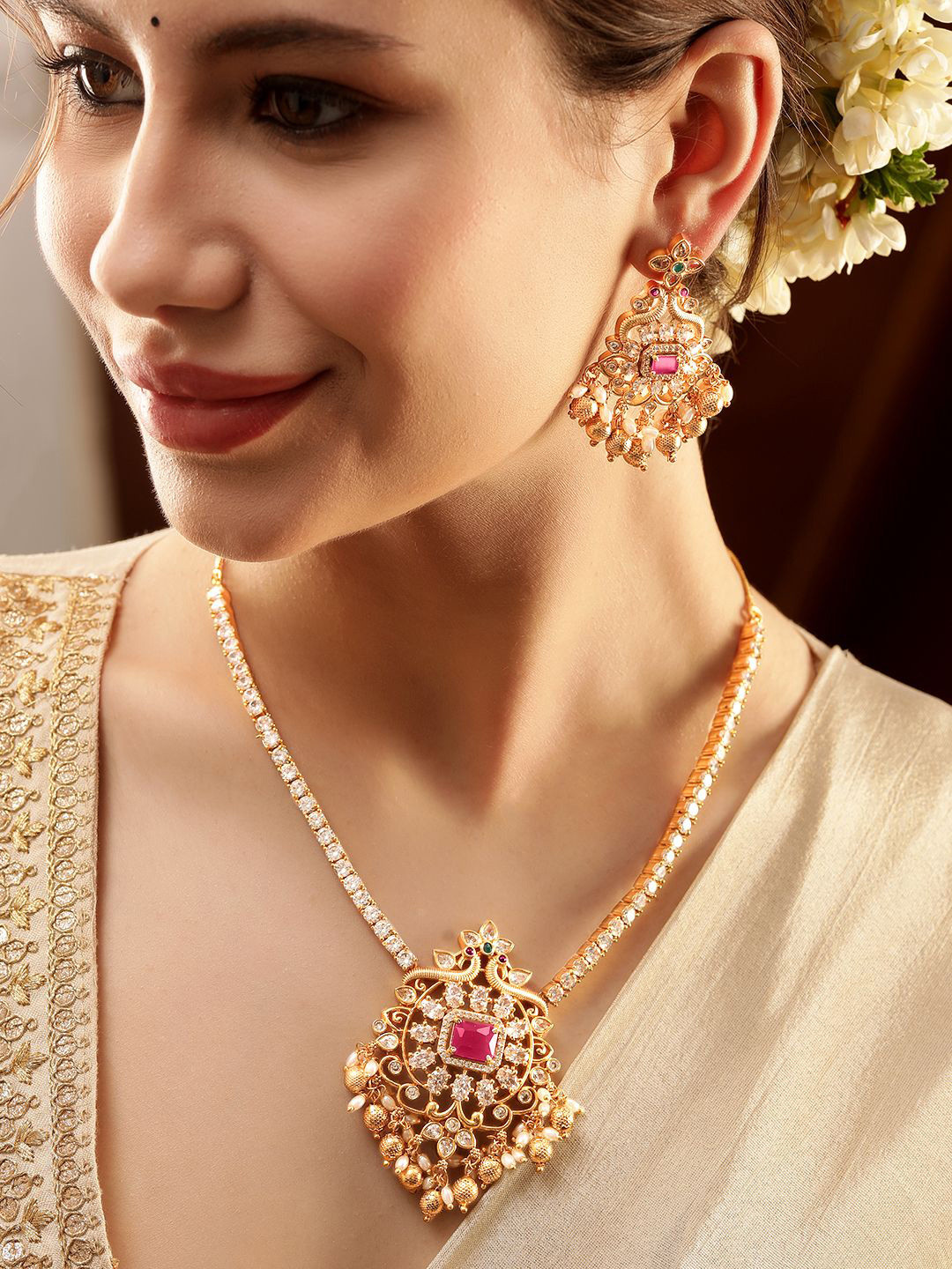 Rubans 22K Gold Plated Ruby & Cubic Zirconia Studded Jewellery Set with Gold & Pearl Beads