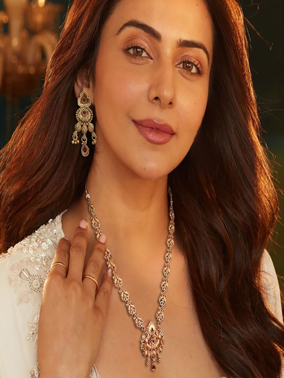 AccessHer Gold-Plated Stone-Studded Kalash Style Rani Haar Temple Jewellery Set