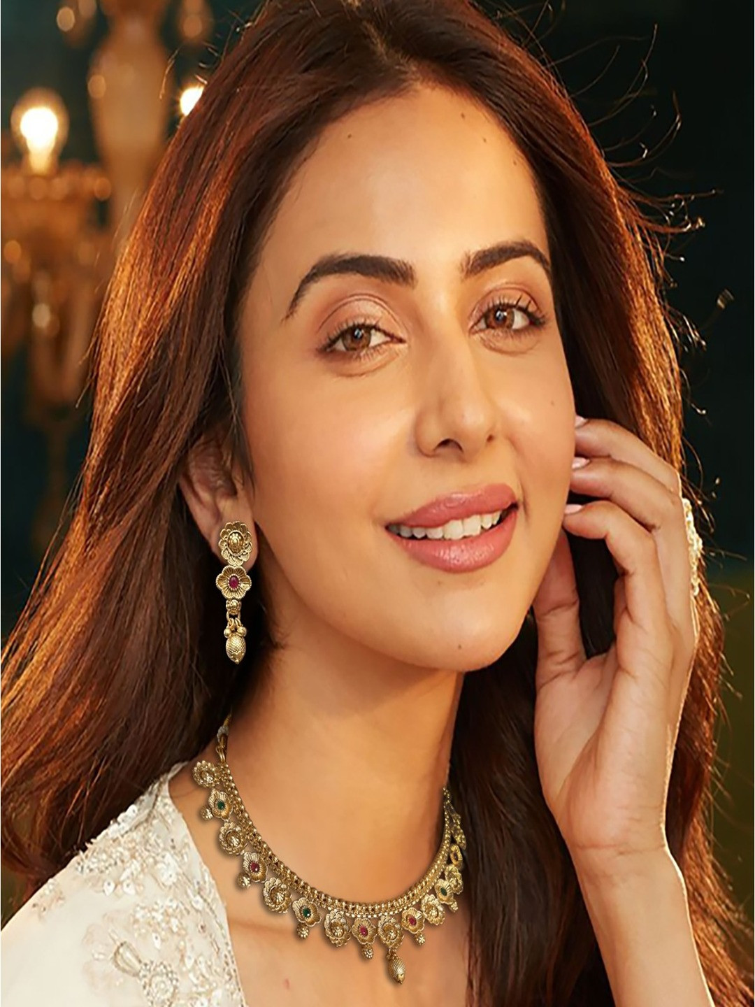 AccessHer Gold Plated Stones Studded Antique Rani Haar Jewellery Set