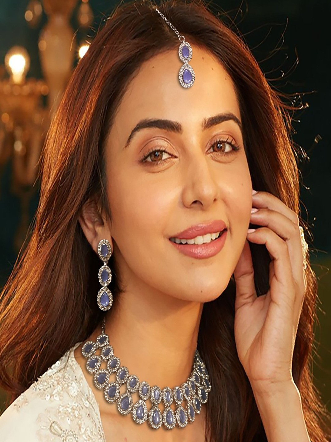 AccessHer Silver Plated Stones Studded Double-Strand Choker Jewellery Set