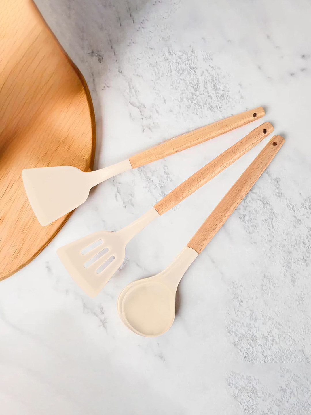 Kuber Industries Unisex White (Set of 3) Wooden Handle Kitchen Utensils for Cooking