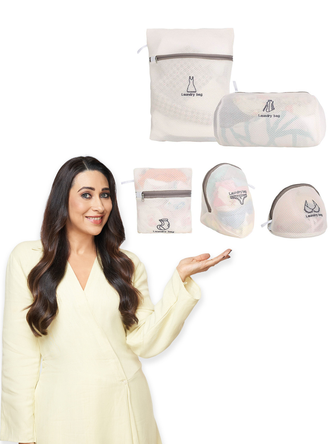 HOKIPO Beige 5 Pieces Dual Layered Mesh Laundry Clothes Washing Bags