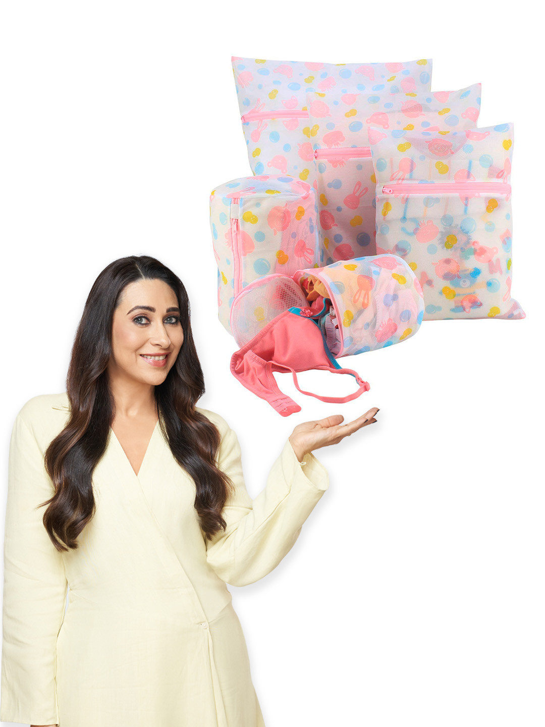 HOKIPO White & Pink 5 Pieces Dual Layered Mesh Laundry Clothes Washing Bags