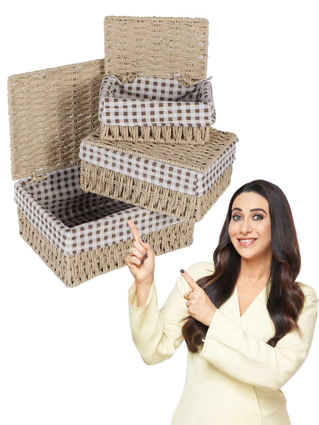 HOKIPO Beige & White 3 Pieces Paper Rope Regular Multi-Utility Organisers