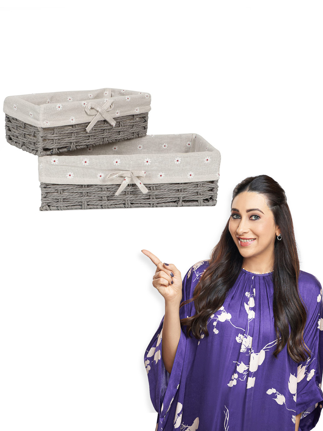 HOKIPO Grey & White 2 Pieces Paper Rope Floral Printed Regular Multi-Utility Organisers