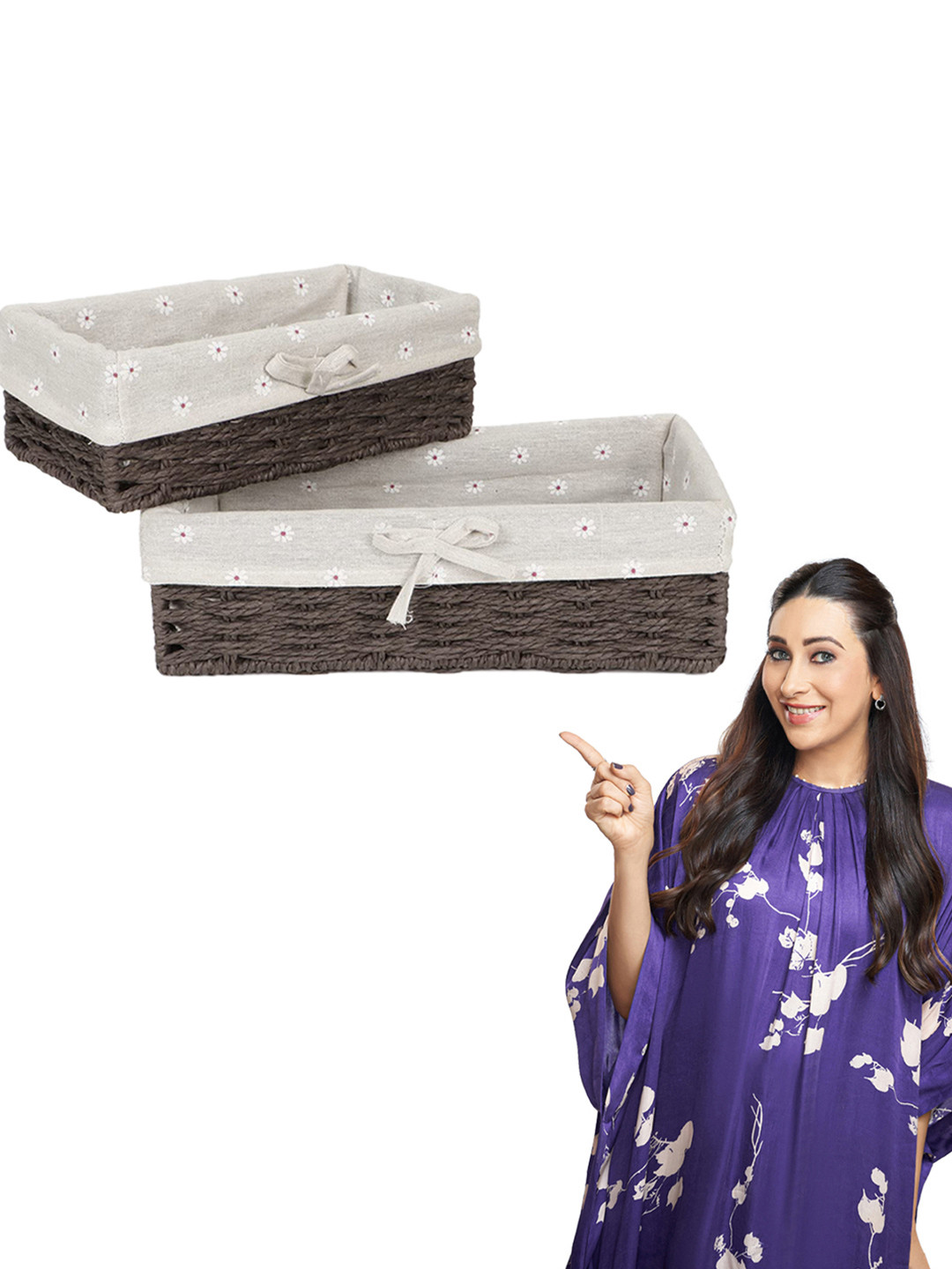 HOKIPO Brown & White 2 Pieces Paper Rope Floral Printed Regular Multi-Utility Organisers