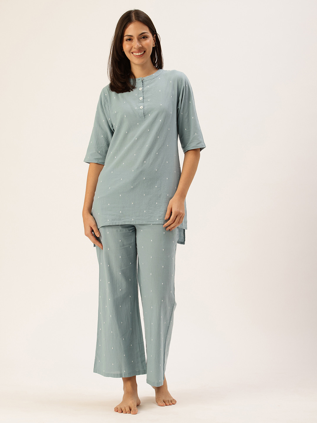 Clt.s Pure Cotton Geometric Self Design Kurti With Pyjamas Night Suit