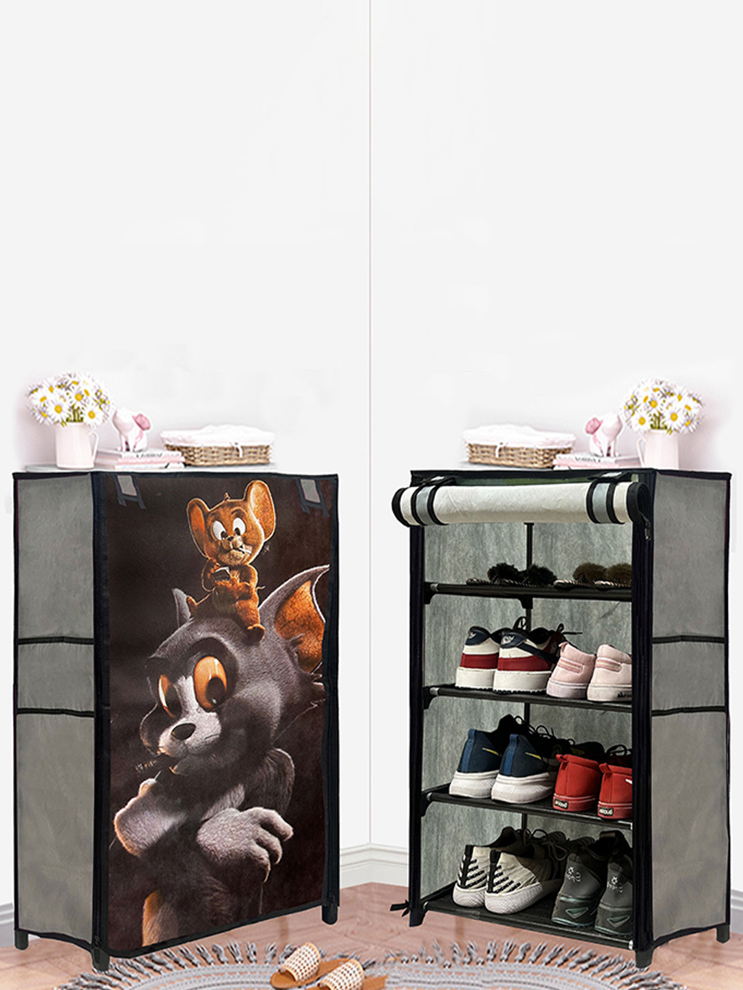 Rmerchants Grey & Brown Tom & Jerry Printed 4 Layer Water Resistant Shoes Organiser