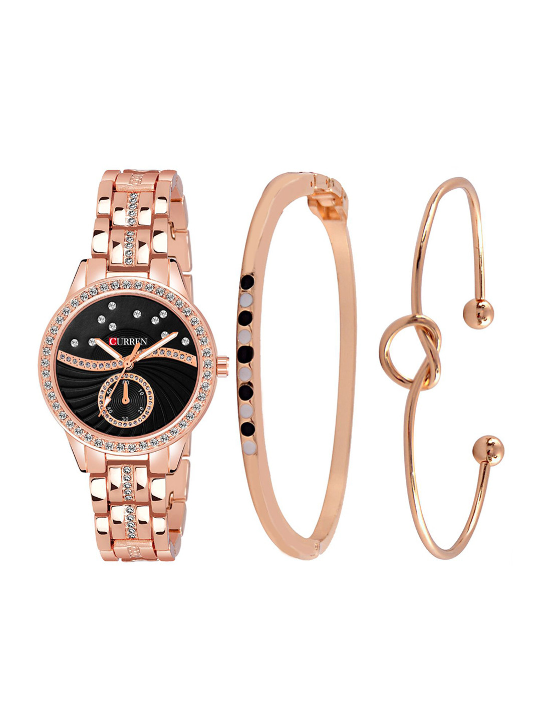 Curren Women Brass Embellished Dial Analogue Watch 1342-RSBk+JW-07&08-Rose Black